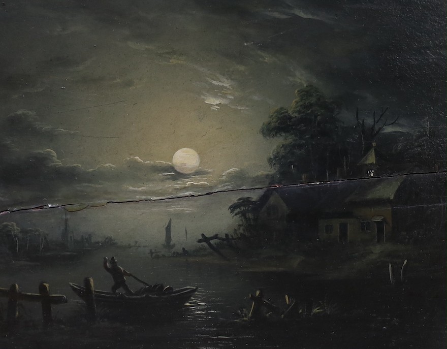 After Pether, oil on canvas, Estuary under moonlight, 19 x 24cm, and a similar oil on panel